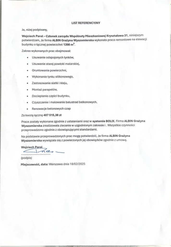 Referencja na remont elewacji w Warszawie przy ul. Kryształowa 33
